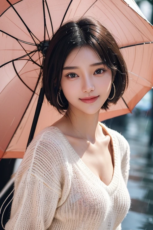 (Two pure Japanese,), (Small breasts:1.5,),(alone,,Textured skin, Detailed skin,Detailed face,Detailed eyes,detailed posing,Natural eyebrows,Sparkling eyes,Attention to detail, Highest quality, Very detailed, Surrealism, ,8k,RAW Photos,Photographicism,Professional Lighting,Ray Tracing,Portrait Photography,Soft Light),((Black Hair, Natural Makeup,Simple Earrings, Bob Hair,smile)),(((V-neck sweater,bustling street,rain,Holding a pink umbrella)))