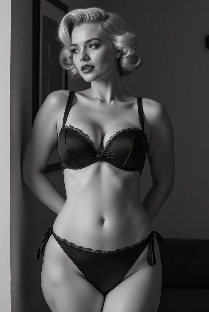 beautiful woman, blonde, in bikini, moderately voluptuous. vintage. Original hairstyle. Whole body. naked. Black & white. Hegemonica.