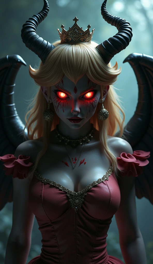 (ultra detailed)、Princess Peach、Evil Face、Red glowing eyes、Muscles and clothes、horn、wing