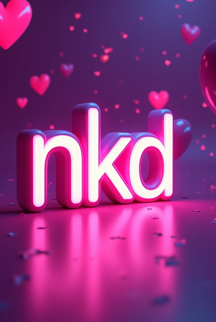 Create a realistic 3d image of "NKD" in style bold font,purple love background,neon.