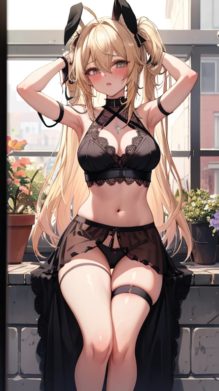 black mascara , makeup , masterpiece, Best quality, very detailed, terracotta tiles, 1 girl, ahoge, Hand strap, blonde hair, Good, ремни для bandageок, hair between eyes, bunny ears,underwear, long hair, white, bandage, underwear, thin waist, lush breasts, hot girl, Navel, lace, sperm, orgasm, strong excitement, Aphrodisiac, Sub, сильнейший orgasm, squirt, squirt, 💦💦💦, sexy legs, tan, a girl is raped by seven men
