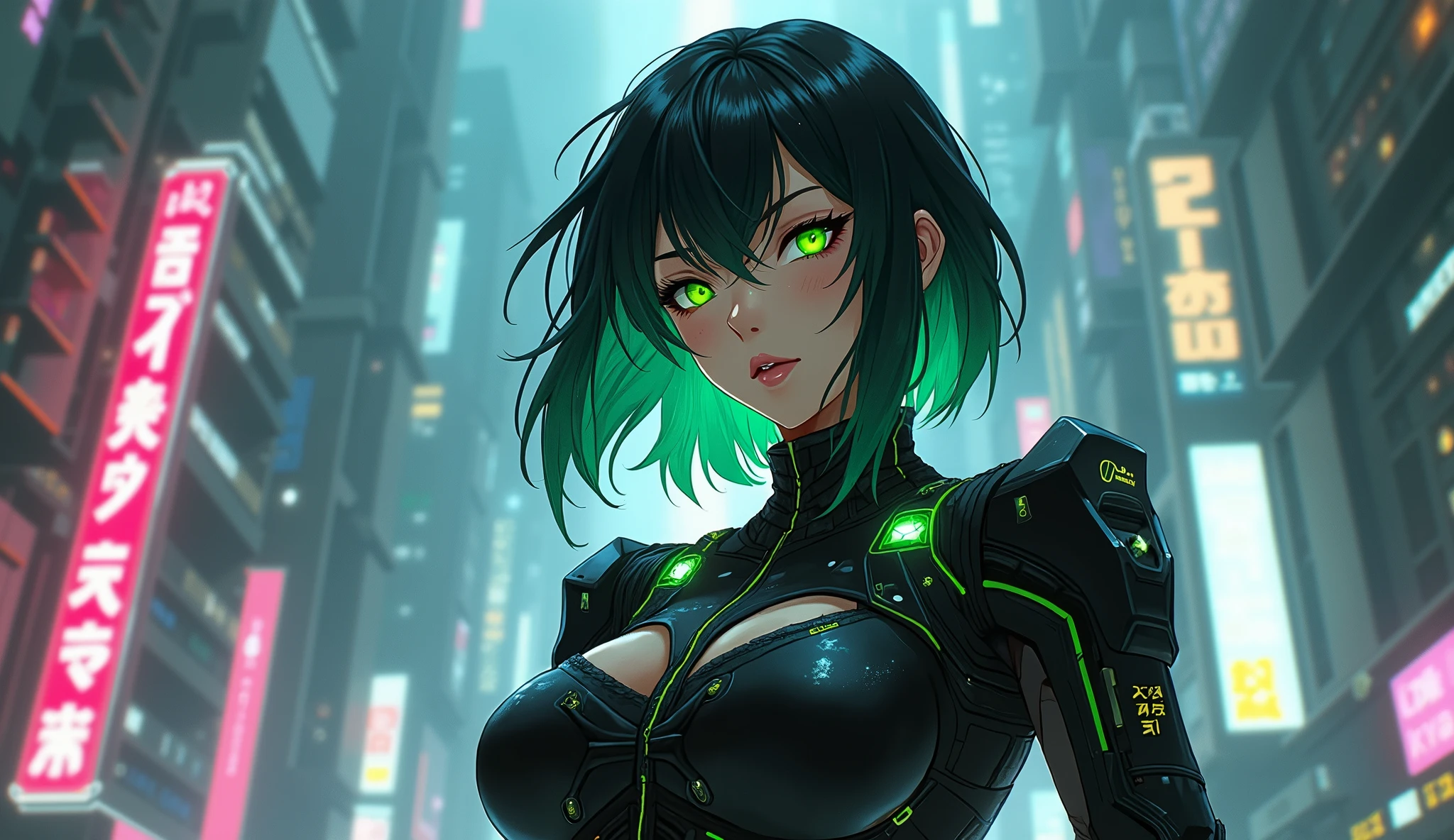 cyberpunk ,anime black green hair