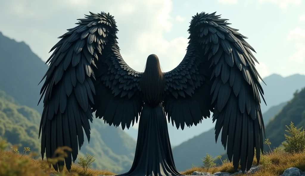 Long black folded angel wings lot of feathers ultra realistic in landscape 


