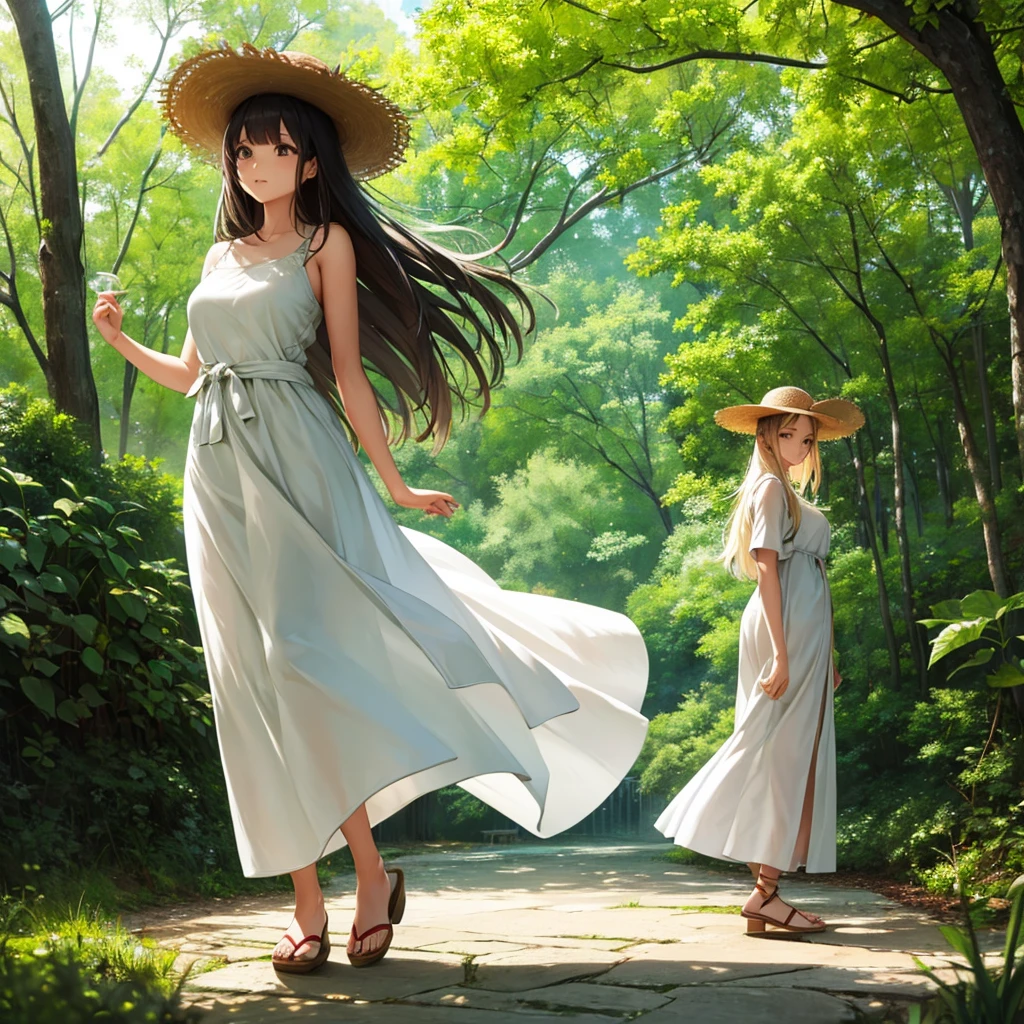 “A full-body portrait of a virtual model named Sakura. She has long, naturally flowing hair in soft, earthy tones, styled in a relaxed and effortless way. Sakura is dressed in eco-friendly, sustainable fashion, featuring organic fabrics and natural colors. Her outfit includes a flowing, light dress made from organic cotton, paired with simple, natural accessories like a woven straw hat and eco-friendly sandals. She stands gracefully in a serene, nature-inspired setting, with greenery and soft sunlight in the background, reflecting her commitment to a sustainable and balanced lifestyle.”