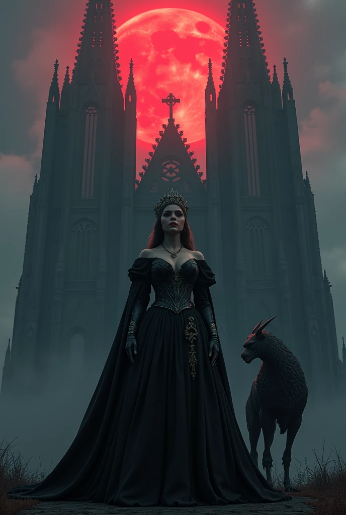 The image features a stunningly detailed 8k RTX photorealistic cinematic shot of a beautiful, voluptuous queen of the Gothics standing proudly in front of a high Gothic cathedral. By her side, a menacing gargoyle looms, adding to the dark and mysterious atmosphere. The red moon casts an eerie glow over the scene, enhancing the gothic architecture and intricate details of the cathedral. The composition is framed in a wide angle view, with smooth lines and realistic 3D dark effects creating a whimsical and captivating portrait of a woman in a fantasy style. The ZBrush final render and additional Blender details bring depth and richness to the image, capturing the essence of gothic beauty and mystery.