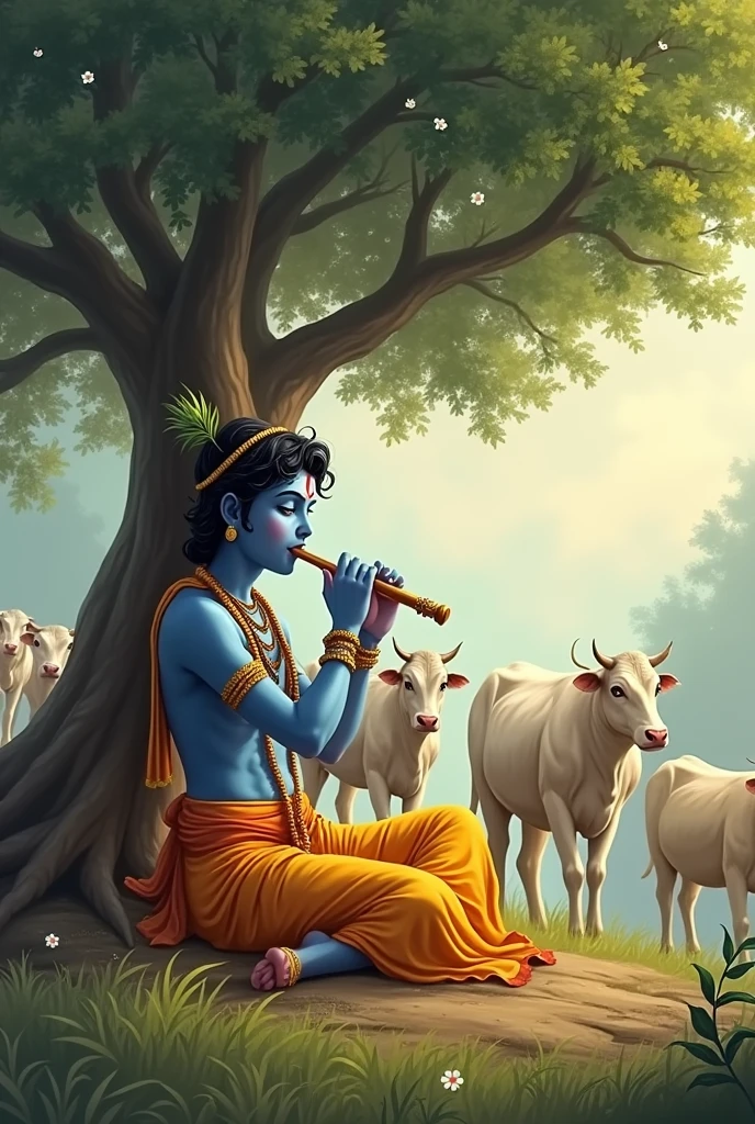 Krishna ji playing flute while sitting in the ground under the tree and seven cows are grazing arround him.