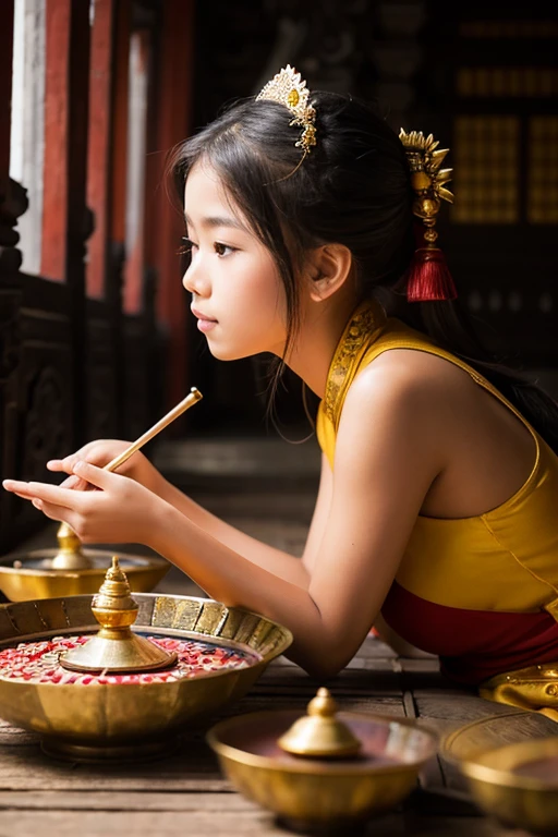 Young woman playing gamelan in a temple in Bali