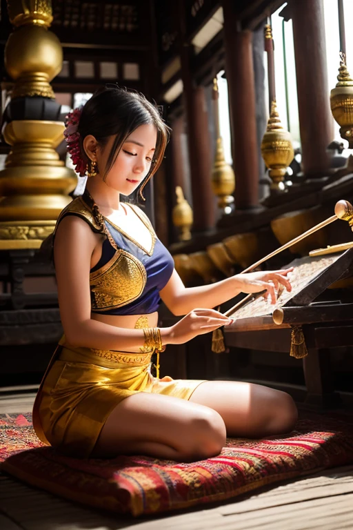 Young woman playing gamelan in a temple in Bali