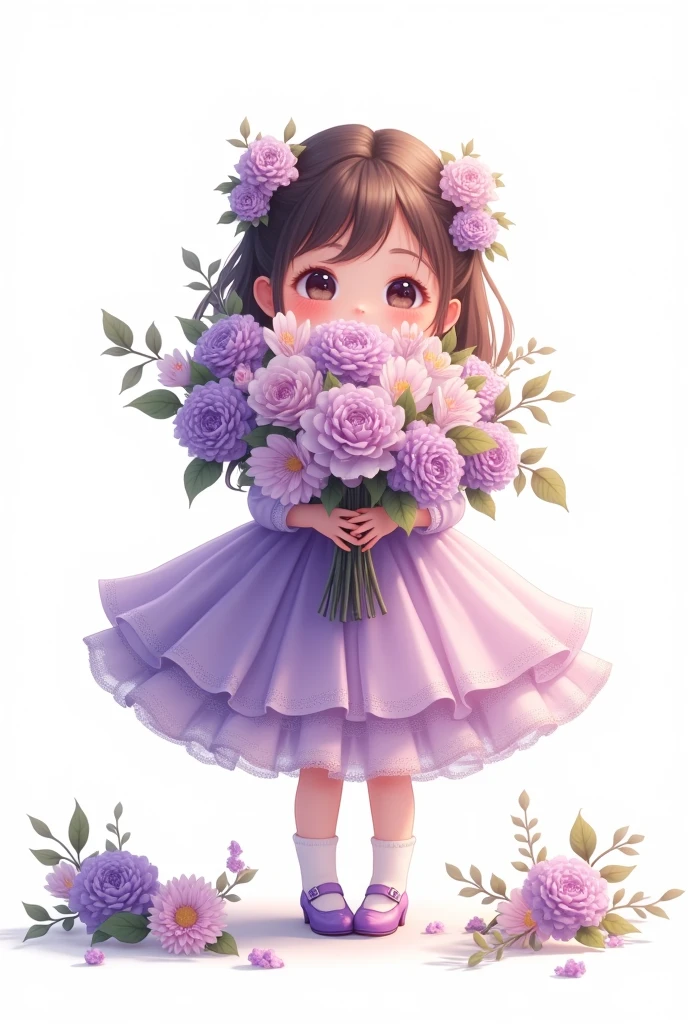 white background,cute little baby girl standing,wearing beautiful party frock,purple shade full frill frock,wearing beautiful shoes,her hands full of large flower bunch,some flowers are fell down,nice smiling anime Sophia face,hide half face of flowers
