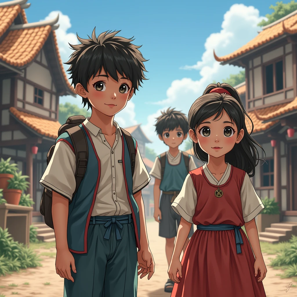 "real,real,(Ultra high quality, masterpiece), A boy and a girl in the foreground, with two villages in the background. Additionally, two more boys are standing behind them. All are looking directly at the viewer."