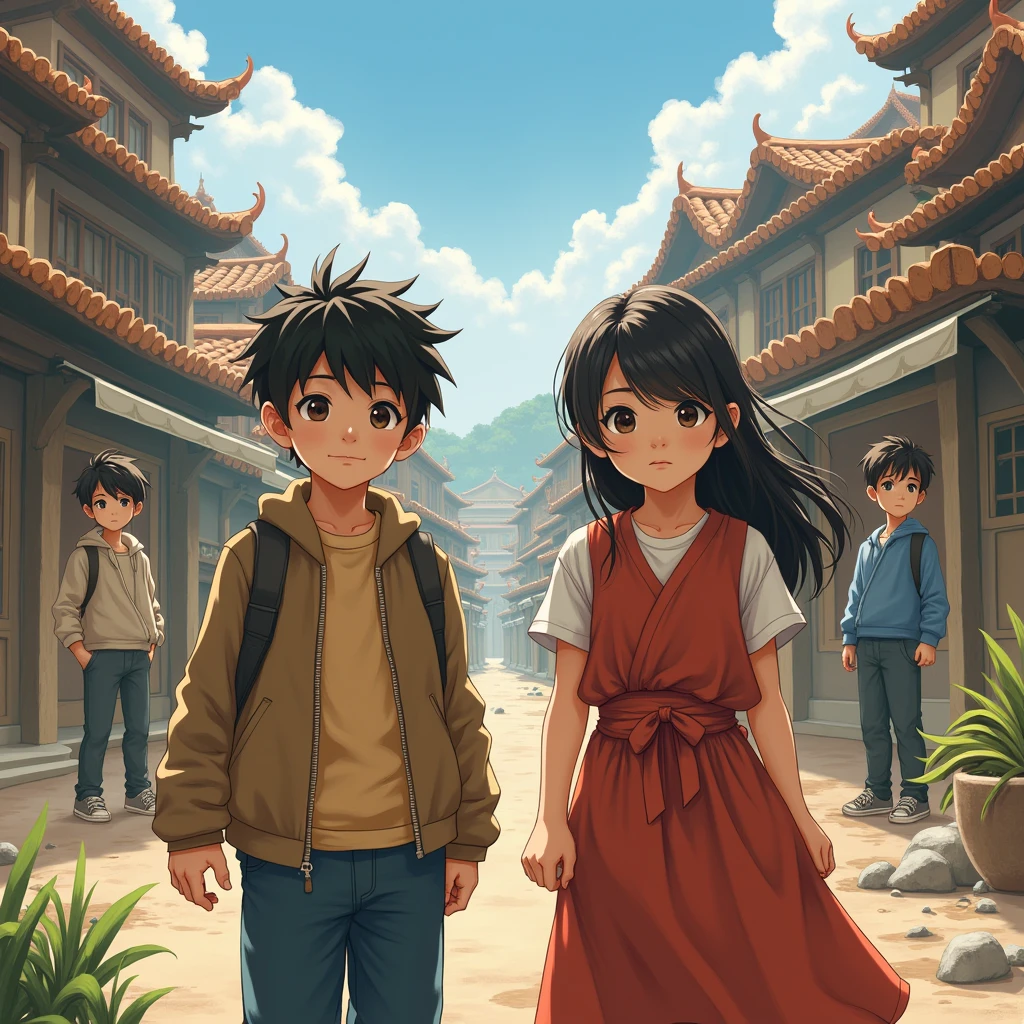 "real,real,(Ultra high quality, masterpiece), A boy and a girl in the foreground, with two villages in the background. Additionally, two more boys are standing behind them. All are looking directly at the viewer."
