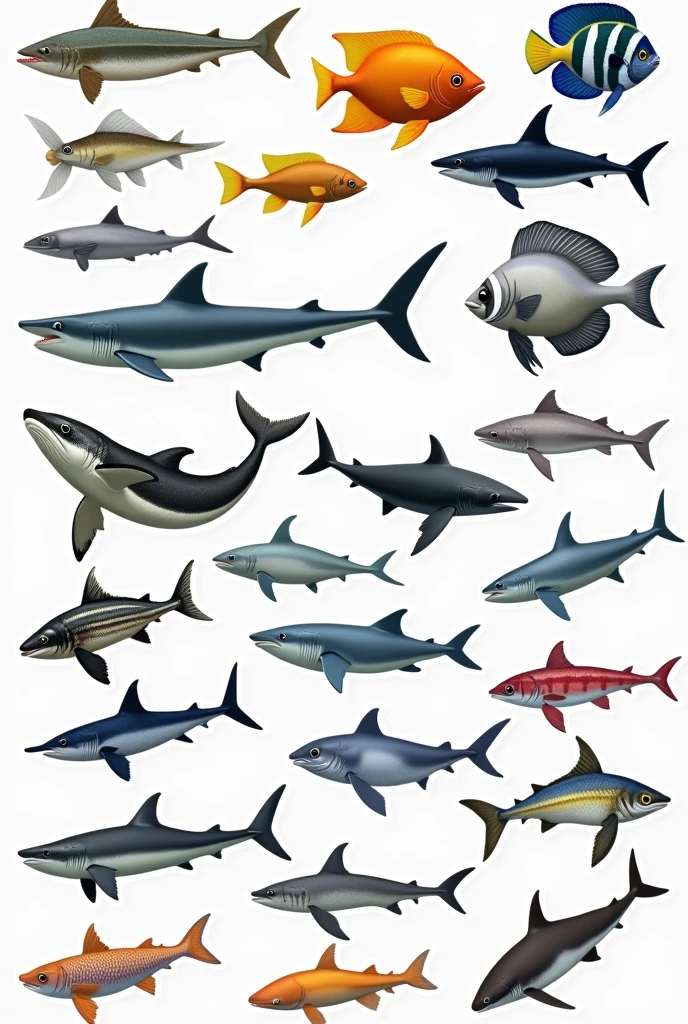 Show me a template with 25 stickers drawn in a realistic style of fish and different marine animals