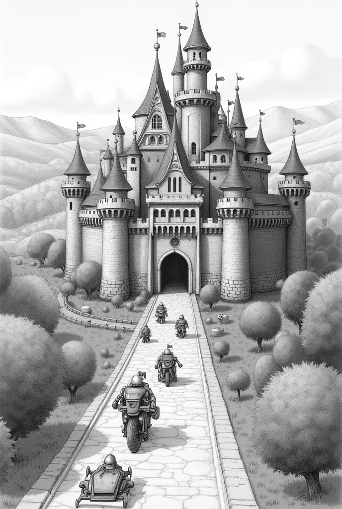 Draw with a pencil a castle protected by 3 walls around it,  At the entrance to the castle, represent small vehicles and joined spheres and robots, and all of them heading towards the castle walls. Use arrows to show the movement of these vehicles, spheres and robots heading to the castle, delivering their gifts inside the castle.