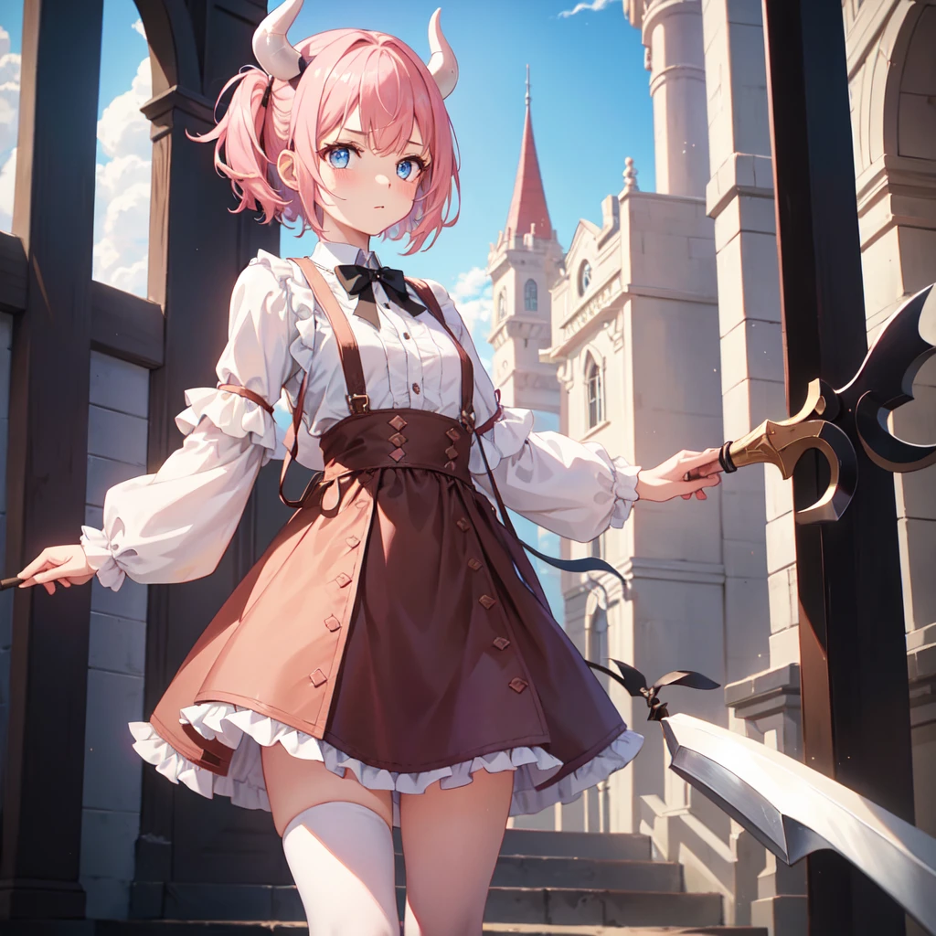 1 girl. twin-ponytailed short pink hair. white demon horns. blue eyes. wearing brown dress. brown leggings. brown flat shoes. carrying an axe. demon castle. high res, ultrasharp, 8k, masterpiece