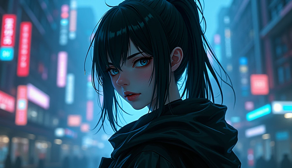 cyberpunk ,dark neon,anime girl ,black blue