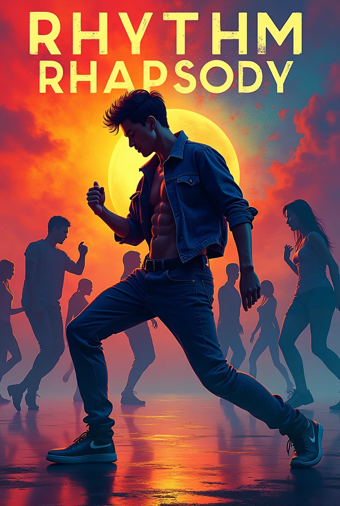 Unique and decent poster for university dance club named rhythm rhapsody no female in the background, write rhythm rhapsody on the top