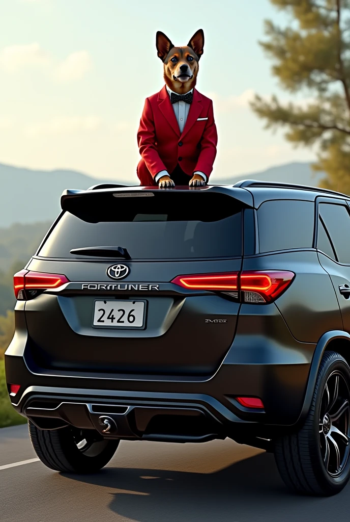 A dog wearing red suite sitting on the trunk of black modified fortuner car with number plate 2426