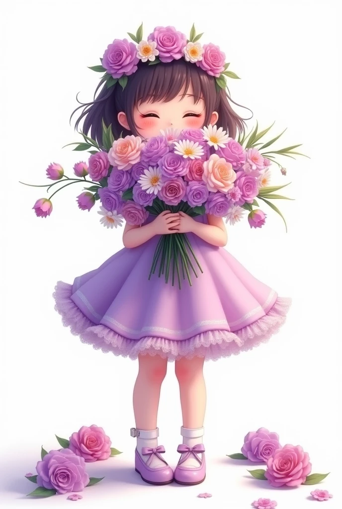 white background,cute little baby girl standing,wearing beautiful party frock,purple shade full frill frock,wearing beautiful shoes,her hands full of large flower bunch,some flowers are fell down,nice smiling anime Sophia face,hide half face of flowers