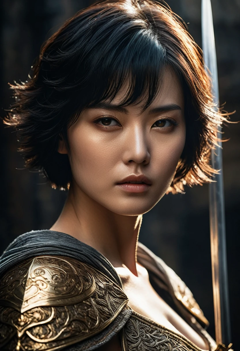 genius extremely beautiful young lady Keiko, short hair, black hair, subtle makeup, golden hour, photorealistic, high contrast, 8k HD, detailed, hyper-detailed, realistic skin texture, big breast, best quality, ultra high res, raw photo, dramatic lighting, unreal engine, diffuse glow intricate silver eaba, white imperial cape, spear, sword, no helm, intricate details High Quality, 8k, Realistic, Ultra-Detailed, Dramatic Lighting, Soft Focus, Digital Illustration, Intense Expression, Strong Gaze, Intense Emotion, Complex Mechanics, Advanced Technology, Dark Background, Cinematic, High Contrast, Moody, Strict, Atmosphere, (Best Quality, 4k, 8k, High Definition, Masterpiece: 1. 2 ), ultra-detailed, (realistic, graphic, photorealistic:1.37) --no glass