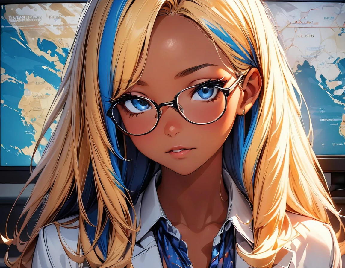 (highest quality:1.2, Very detailed, up to date, Vibrant, Ultra-high resolution, High Contrast, masterpiece:1.2, highest quality, Best aesthetics), Portraiture、girl、slim, Bright colors、Beautiful fine details、Beautiful lip detail、long hair, ((wavy hair:0.4))、messy hair, blonde and blue ((streaked hair:1.3)), highlights hair: 1.3, (medium breast:1), (tan skin:1.3), weather forecaster, glasses, wearing a suit, big weather map behind, in TV screen, upper body