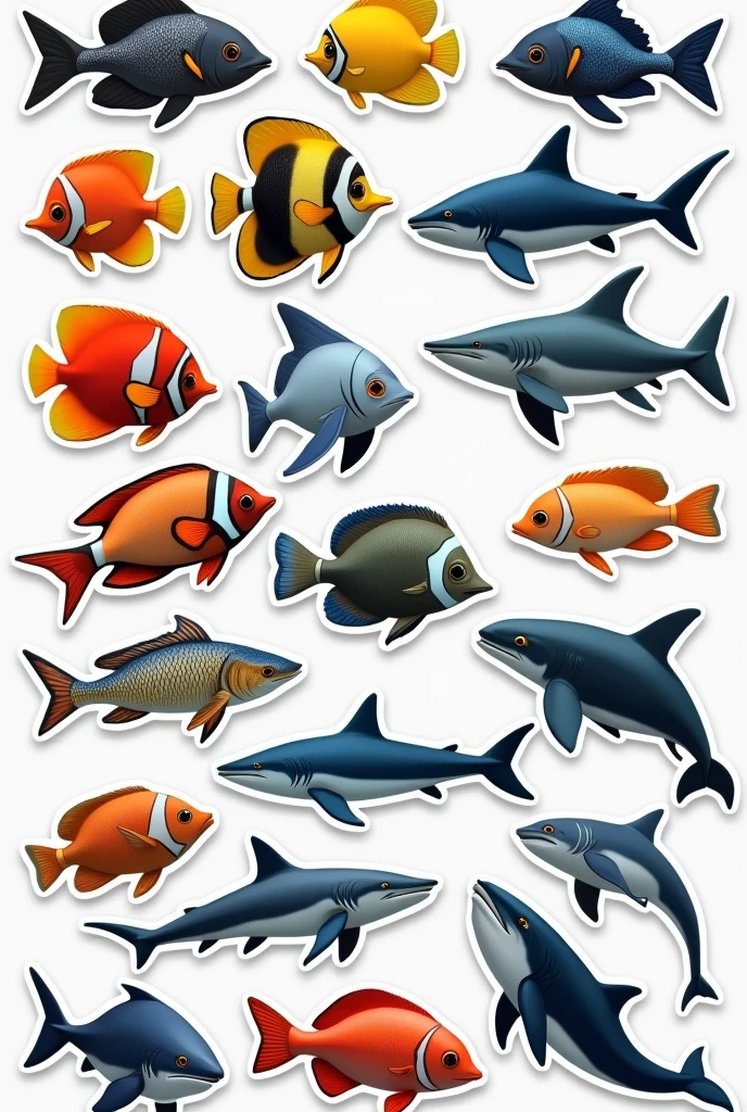 Show me a template with 25 stickers drawn in a realistic style of fish and different marine animals