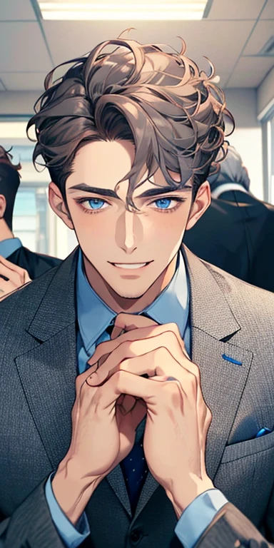 handsome 3 boy with brown curly hair and small lips long nose. 1 man mature, male mature. Expression smile in love. Blue gray eyes, CEO, Office home.