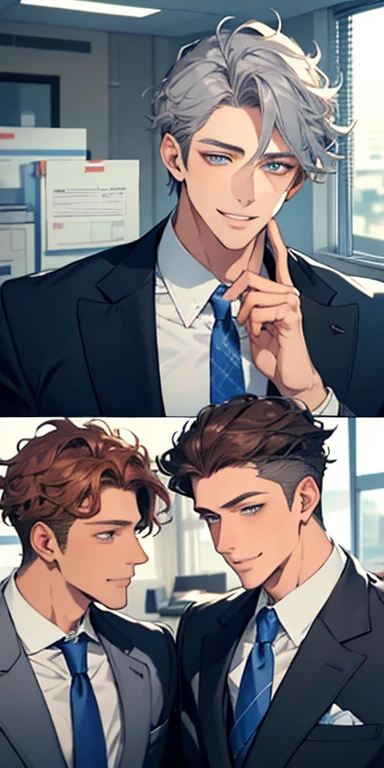 handsome 3 boy with brown curly hair and small lips long nose. 1 man mature, male mature. Expression smile in love. Blue gray eyes, CEO, Office home.