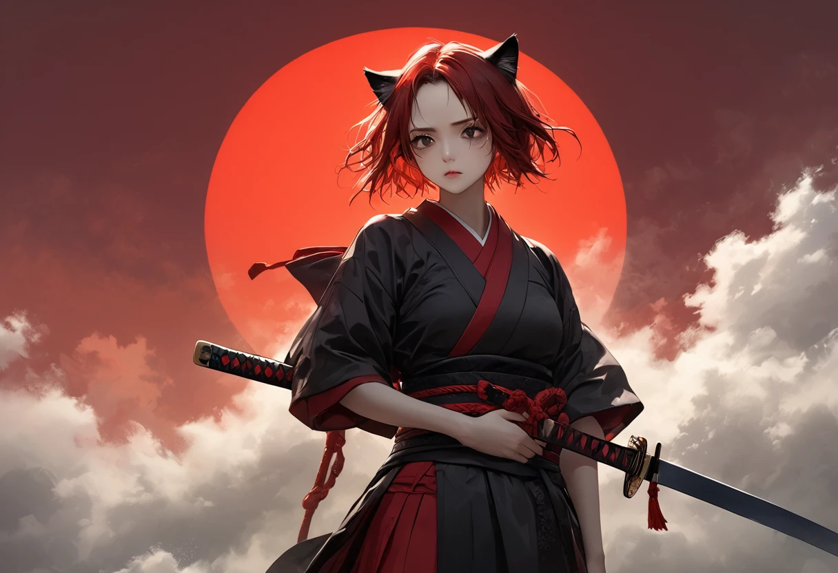 Realistic texture。((((Ultra HD)))。Precise depiction。((Beautiful Face))。A woman in scarlet ronin clothing。Beautiful feet。Arms crossed。Messy red short hair。((forehead))。Cat ear。Cat Eyes。 White Wilderness。A world of thick fog,。Dark Eyes。clothes are blowing in the wind。Serious expression。A sword is hanging from his waist.。alone。Japan。black sun。Red Sky。Chiaroscuro,