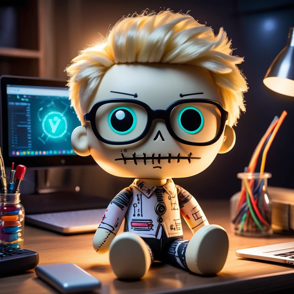 (knitted toy voodoo doll:1.7), (Voodoo Data Scientist:1.3), (Clothing: business casual attire with glowing data points:1.0), (Accessories: enchanted floating data tablet, levitating graphs:1.1), (background: mystical data center with floating servers and glowing data streams:1.2), best quality, masterpiece, detailed soft oil painting, detailed background, dramatic cinematic lighting, soft edge lighting, professional, dramatic lighting, hard edge lighting, ultra quality, 4k,masterpiece, best quality, 8k, ultra highres, highres, extremely detailed