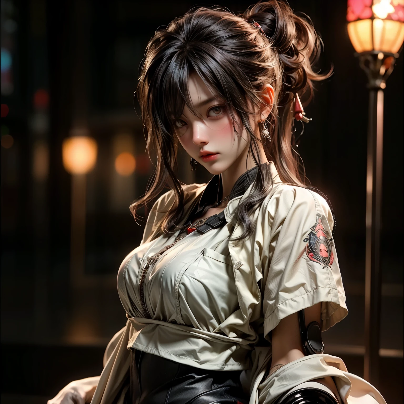 (best quality)), ((Masterpiece)), (details:1.4), 3d, HDR (high dynamic range), an image of a beautiful cyberpunk female, Hips up, cyberpunk, Red hair, Curtain Bangs, beautiful Red eyes, จมูกโด่ง, ปากแดง, หน้าอกใหญ่, nvidia RTX, PBR surface, After processing, Anisotropic filtration,depth of field, Maximum clarity and clarity, multi-layered surface, Subsurface scattering, perfect proportions, 8K raw files, ultra detailed, Perfect proportions, volumetric lighting, soft lighting, Holy Paladin, Heavy Red Armor, glossy skin, Castle background, jewely, ต่างหู, นิ้วมือสมบูรณ์,