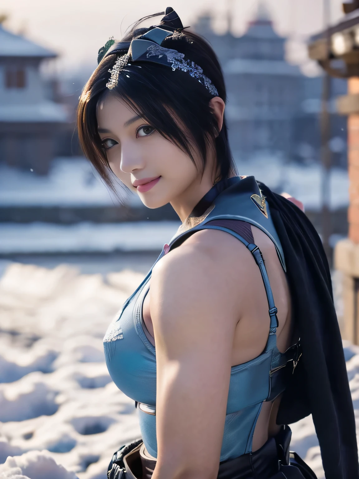 20 year old Japanese beauty，One woman、Muscular body like a bodybuilder、Emphasize the breasts、He wears a headband on his head、Slit eyes、A head-to-toe view，Bust is very very large、The background is a snowy country、High quality photos、Clear, crisp images of the lower body、Masterpiece 8k、Smiling、He is doing a Seikentsuki (a punch with a punch)、From the front, from the side, from the back, etc.々from what camera angle to shoot、Light blue ninja costume