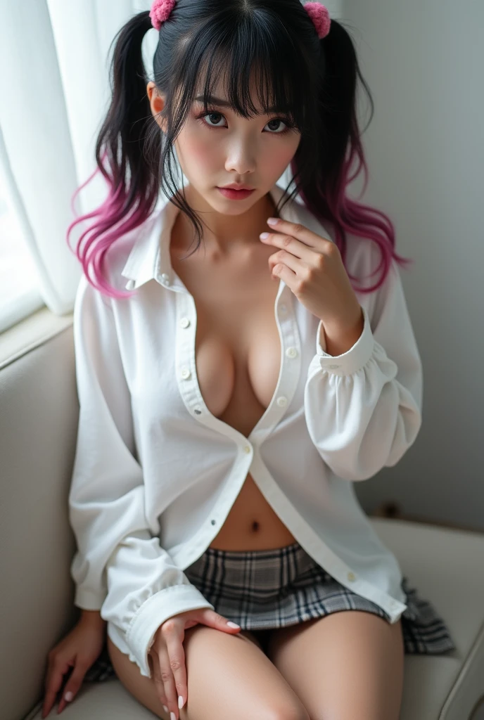 Photo, 8k, Girl, body: very thin, perfect breasts. Sexy posing with legs open. Views with: Open white shirt, unbuttoned buttons. Very short skirt with plaid. WHITE SOCKS. hairstyle: wavy black hair with pink dyed tips, two very very long pigtails down to the back. piercing: in the belly button. masturbating.