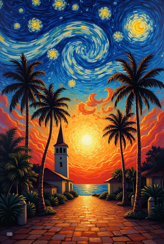 In a world reimagined by the strokes of Van Gogh, the familiar swirls and eddies of "Starry Night" undergo a breathtaking transformation. Instead of the tranquil blues and luminous yellows representing a night sky, a vivid palette of deep oranges, fiery reds, and soft purples paints the canvas. The scene captures the brilliant and transient moment of a setting sun.

The celestial swirls, once filled with twinkling stars, now cradle the setting sun, its fiery orb descending slowly, casting a radiant glow that dances and intermingles with the surrounding whirls of color. The palm trees, still reaching upward in their darkened silhouettes, seem to stretch even taller, as if trying to hold onto the last remnants of daylight.

In the Caribbean town, below, the warm, amber light from the sunset bathes the quaint buildings, casting elongated shadows and transforming the town into a haven of golden hues. The church steeple, a once solitary sentinel against the night, now stands outlined by the sun's passionate embrace, its structure taking on a soft, almost ethereal quality.

Every brushstroke, with its vivid intensity, conveys the artist's emotional response to this daily, yet miraculous spectacle. This isn't just a sunset; it's Van Gogh's sunset, a swirling masterpiece of warmth, passion, and a fleeting moment in time, forever captured on canvas. 