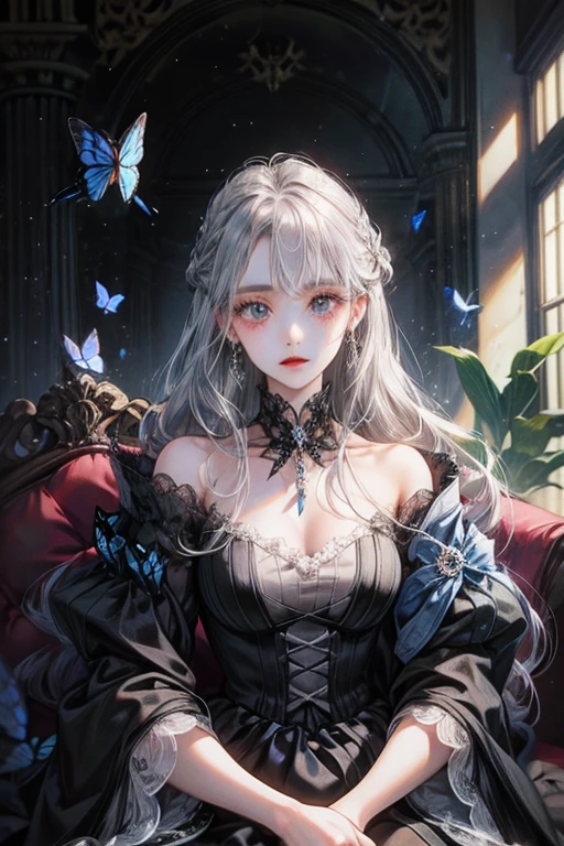 1 female, long silver hair, old dress and next to 5 black butterflies, black magic