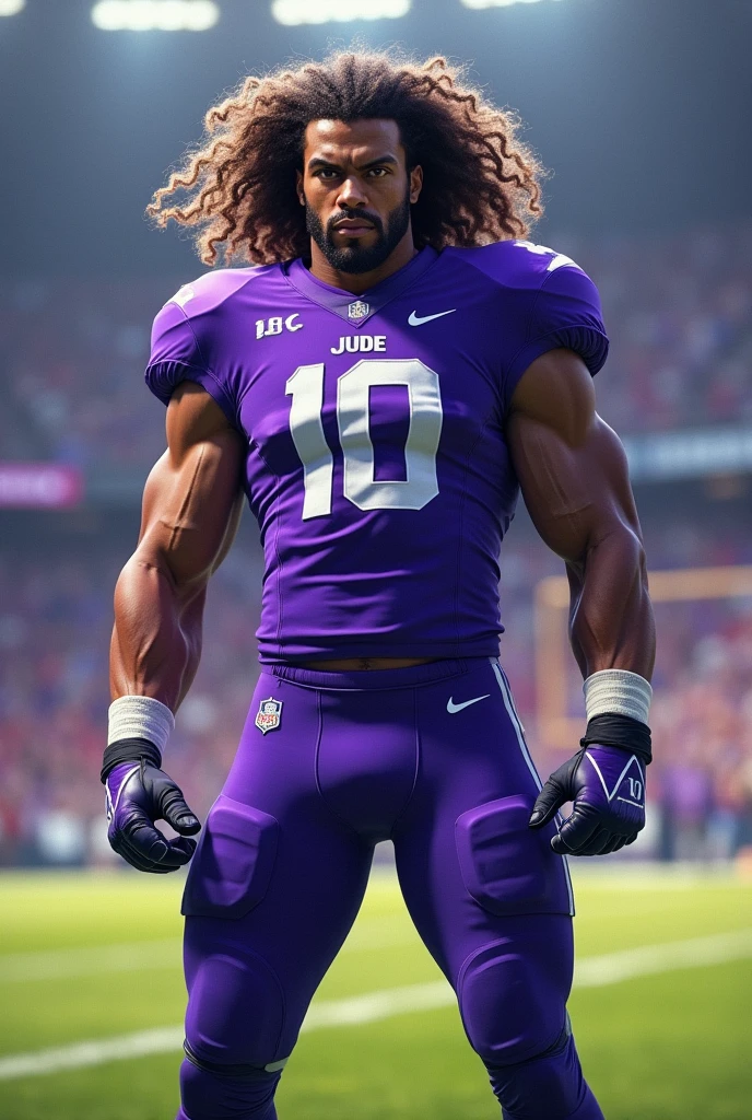 A football player with violet jersey his number was 10 and name was jude with more hair
