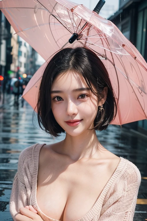 (Two pure Japanese,), (Small breasts:1.5,),(alone,,Textured skin, Detailed skin,Detailed face,Detailed eyes,detailed posing,Natural eyebrows,Sparkling eyes,Attention to detail, Highest quality, Very detailed, Surrealism, ,8k,RAW Photos,Photographicism,Professional Lighting,Ray Tracing,Portrait Photography,Soft Light),((Black Hair, Natural Makeup,Simple Earrings, Bob Hair,smile)),(((V-neck sweater,bustling street,rain,Holding a pink umbrella)))
