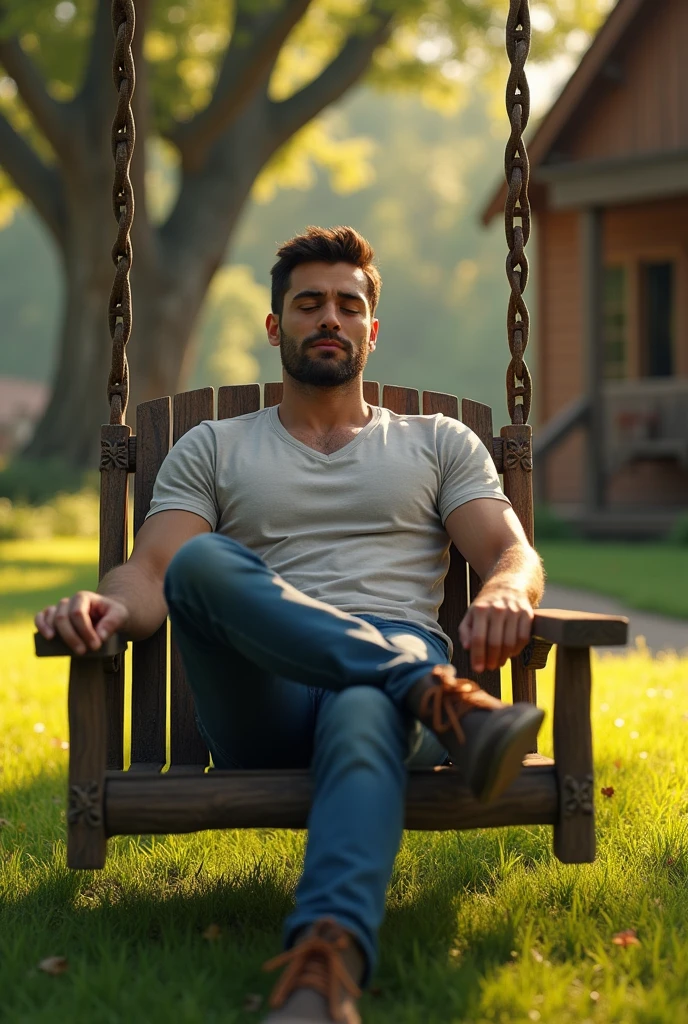 A handsome man taking rest in the swing