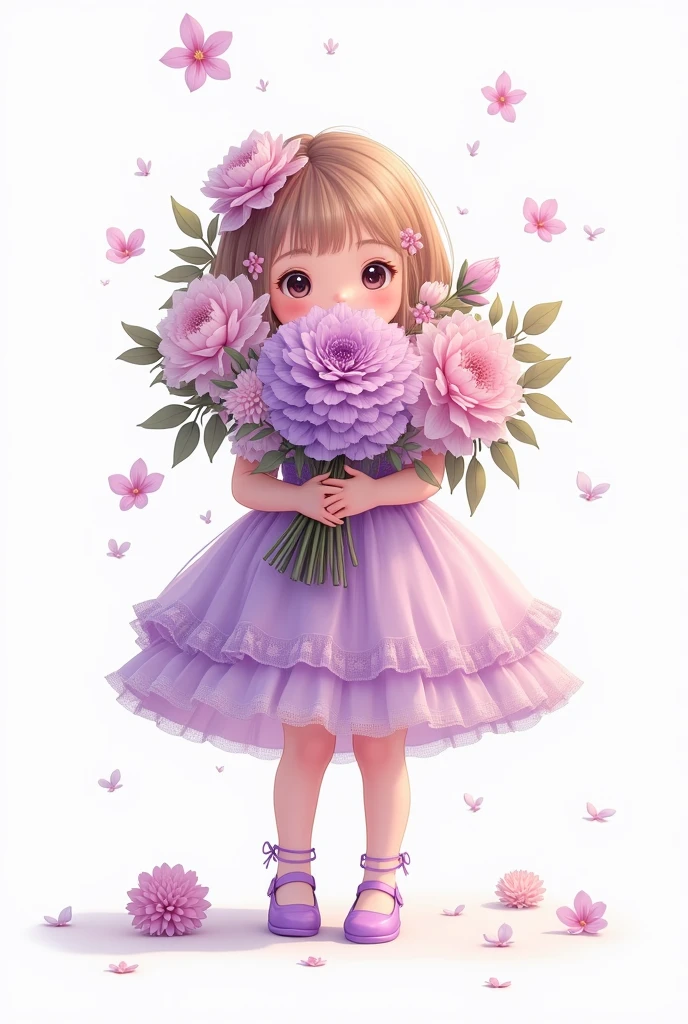 white background,cute little baby girl standing,wearing beautiful party frock,purple shade full frill frock,wearing beautiful shoes,her hands full of large flower bunch,some flowers are fell down,nice smiling anime Sophia face,hide half face of flowers