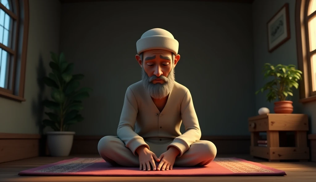 In 3d animation story"Rofiq, now older and more serious, is seen praying in a small, simple room. The focus is on his sincerity and dedication as he performs his prayers. The room is dimly lit, with a prayer mat and a small Quran on a wooden stand nearby."
