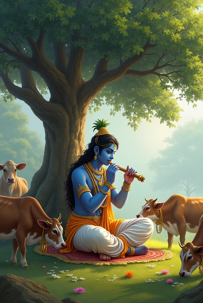 Krishna ji playing flute while sitting in the ground under the tree and 7 cows are grazing arround him.