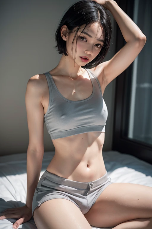 (8 talents),(infant),Grey tank top,White shorts,Flat chest,Nipples,Thighs,side,sideSweat,Sweat,(Sweat染み),Leg spread,White skin,Thin arms,Soaked,Wet,Black Hair,Short Hair,Pussy,(Pussy line),(See-through),blush,Elevation,tongue,Drooling
