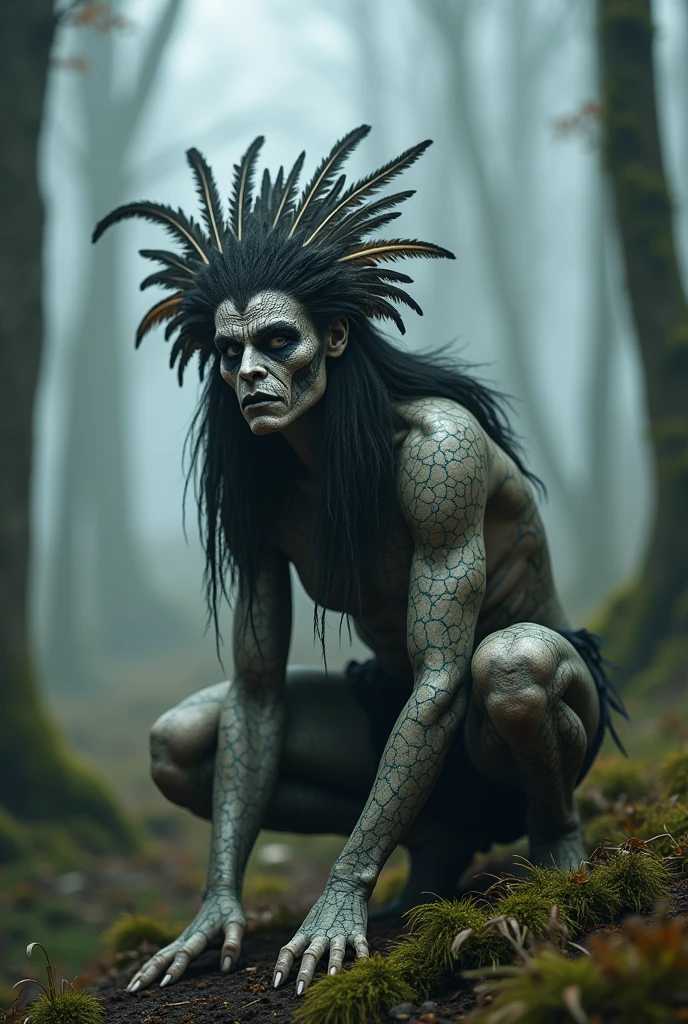 Generate a highly detailed and atmospheric scene of a mystical forest creature crouching in a misty woodland setting. The creature has an otherworldly appearance, with intricate body paint resembling cracked earth, and wears elaborate feathered adornments, including a headdress made of dark and light feathers. The creature's face is partially masked, with sharp, angular features and intense, almost haunting eyes. The environment around is dense with fog, with tall trees and a moody, ethereal ambiance, emphasizing the creature's connection to the mystical forest.