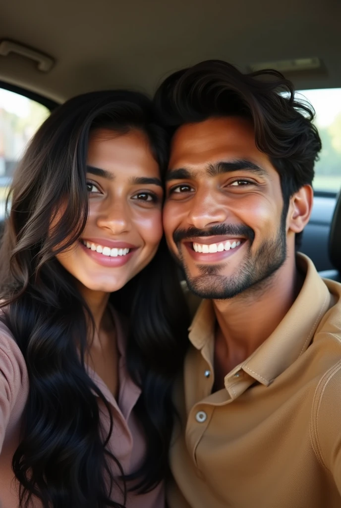 A 23 old indian girl with long hair and a 20 years old boy with medium long hair seating in car taking selfie