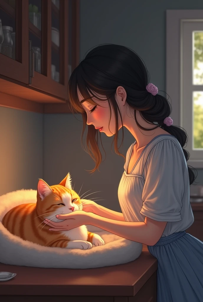 Healing anime style。At night, the hostess touches the cat's head next to the cat bed in the kitchen