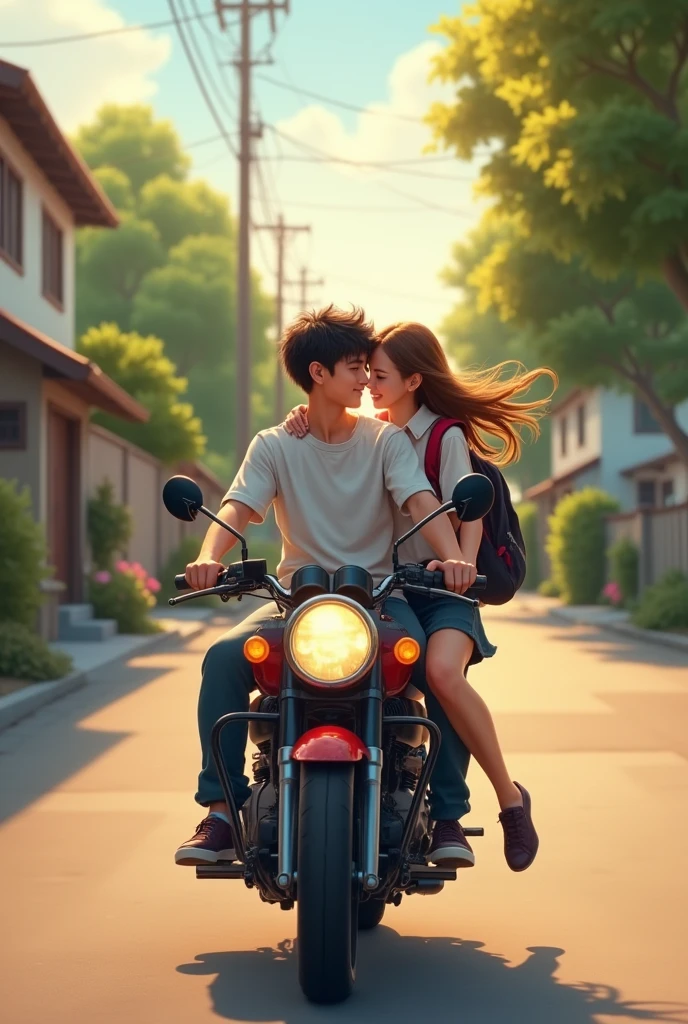 A back view of motorcycle riding of a rider boy and his leady. leady sitting on higher back seat behind the rider, bike move fast and Due to the force of the wind, her frok floats in the wind, and shoes her butt with violet string panty