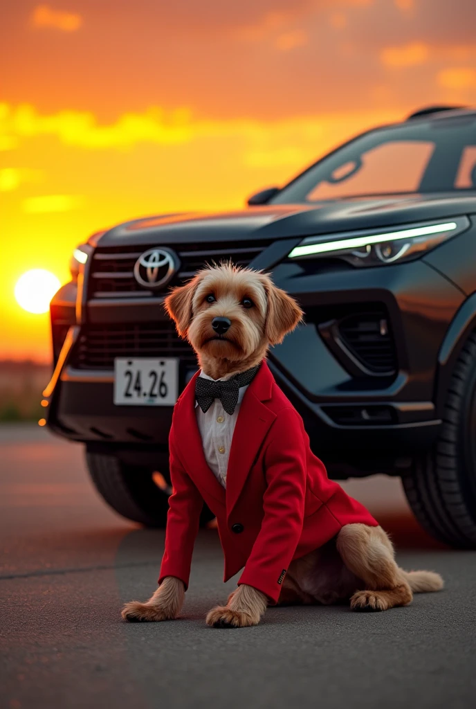 A dog wearing red suite sitting in front of black modified fortuner car with number plate 2426 in sunset