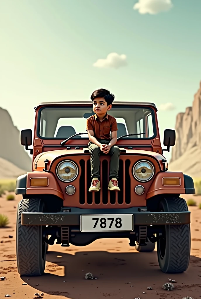 A boy sitting on a Mahindra thar number plate 7878