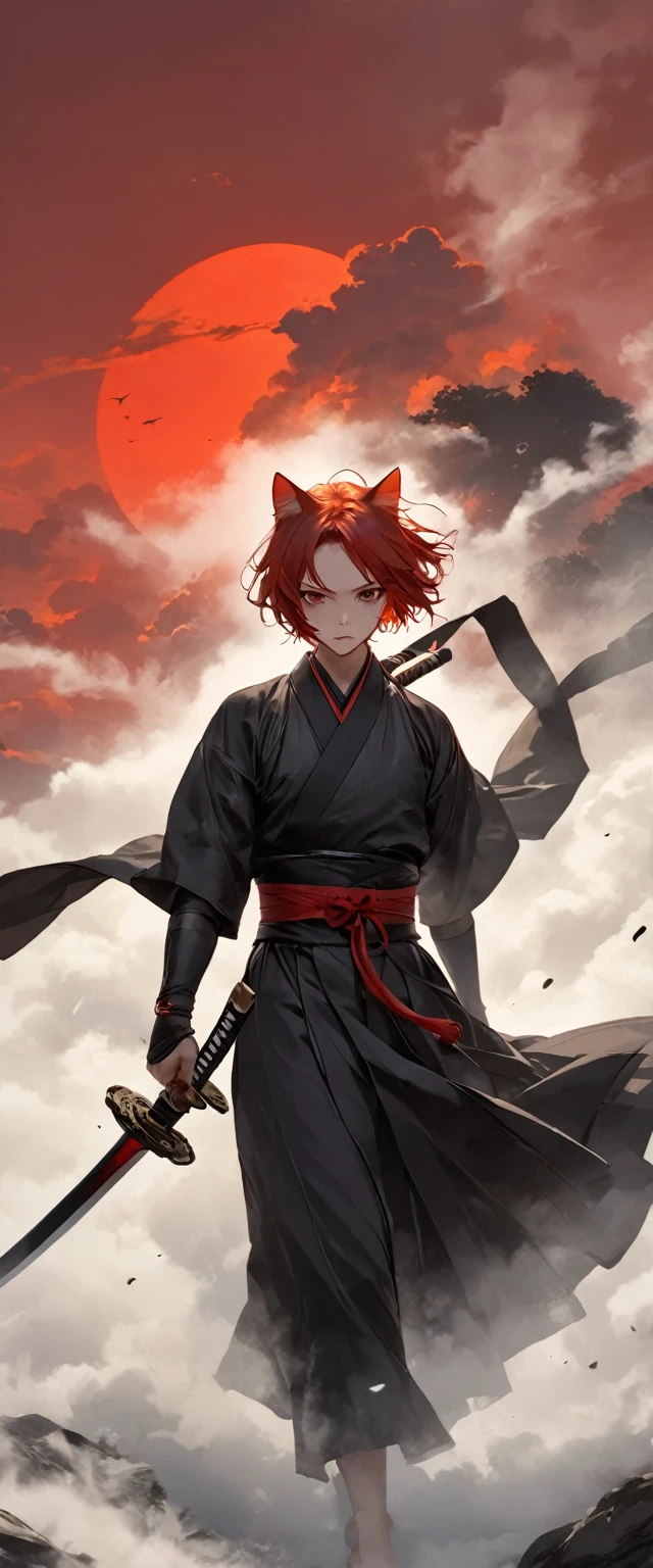 A cat woman in scarlet ronin clothing。Beautiful feet。Crouching。Messy red short hair。forehead。Cat ear。red cat eyes。 White Wilderness。A world of thick fog,。Dark Eyes。clothes are blowing in the wind。Serious expression。He holds a sword at his waist.。alone。Japan。black sun。Red Sky。Chiaroscuro,