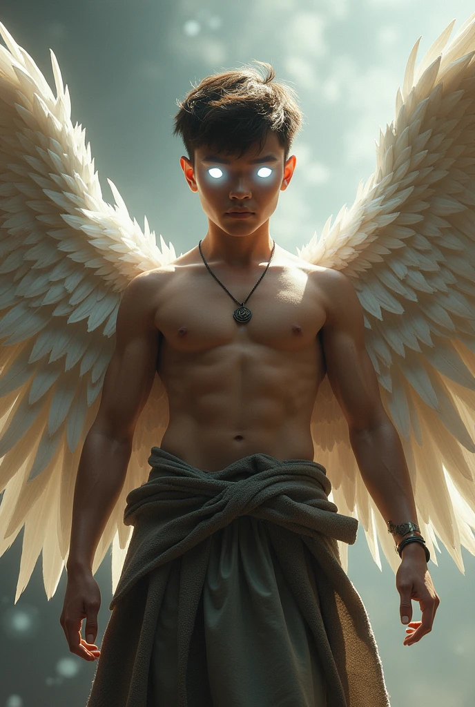 (Guerrero joven with ala angelicales) with (Pair of white eyes ) (with un punto negro en el medio de cada uno) and (A black circle inside the eyes surrounds those black spots ) These eyes shine