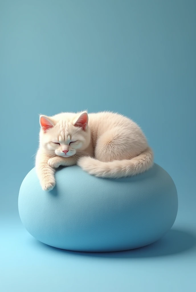 A furry cat lying on a ball,Solid color background,Blue